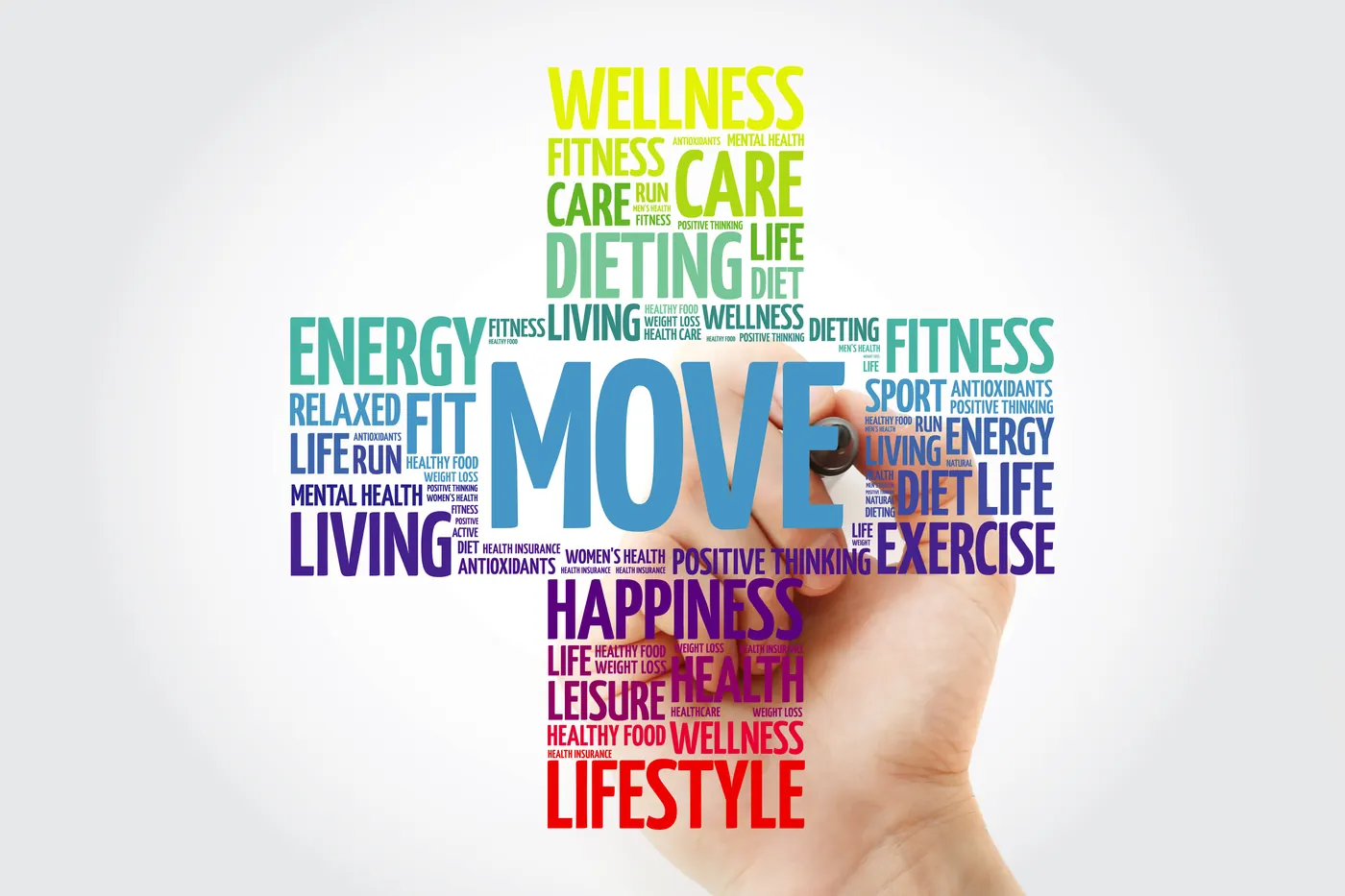 Word cloud in the shape of a medical cross with health words including move, wellness and fitness